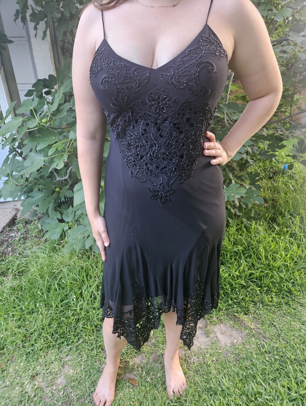 Y2K Whismigoth Fairycore Flapper Silk Black Beadead Cocktail Dress Janique Large